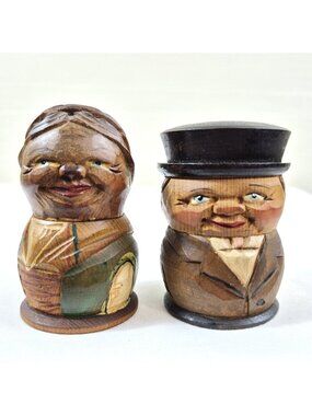 Hand-Carved Wooden Salt & Pepper Shakers Man & Woman 3" Vintage Decor